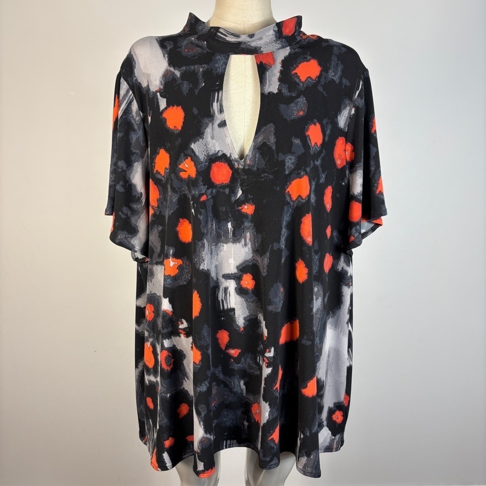 ❤️ Rachel Roy Black Gray Orange Abstract Print Keyhole Mock Neck Top 3X